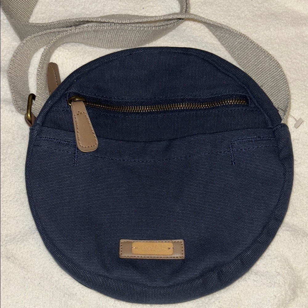WEIRD FISH BRAND NAVY BLUE CANVAS ROUND CROSSBODY LIGHT GREEN CANVAS STRAP